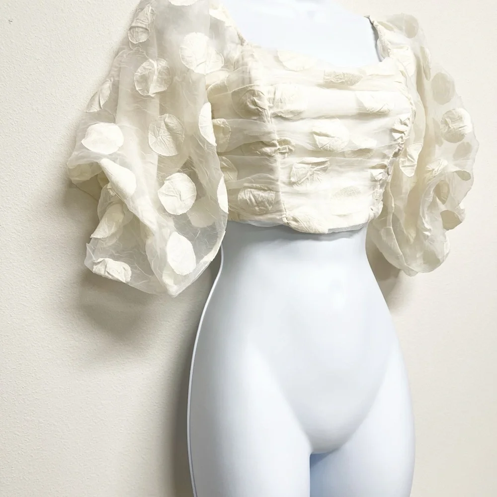 Zara Womens Bloggers Fave Cream Rose Petal Balloon Sleeve Cropped Top Size XS